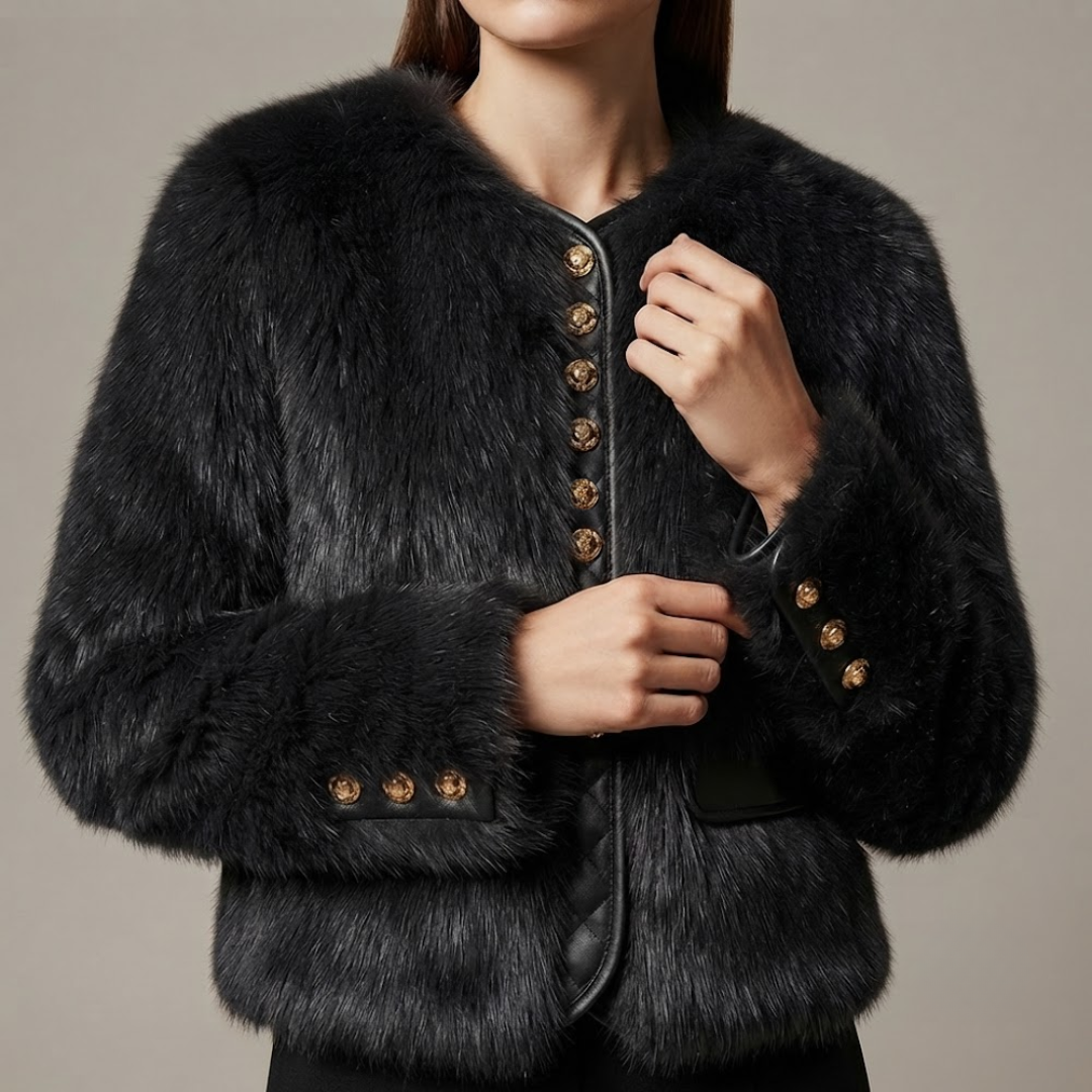 Bailey Jacket from House of Hide in plush black faux fur being worn by model in close-up shot, gold button detail visible on front and cuffs, vegan leather placket trim, full voluminous sleeves, cropped boxy silhouette against solid neutral gray background