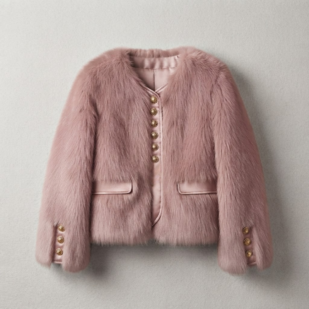 Cropped Faux Fur Jacket from House of Hide in plush blush pink faux fur with vegan leather placket, single row engraved gold button closures, full voluminous sleeves, leather-trimmed pockets, cropped boxy silhouette being displayed as romantic statement piece on neutral background
