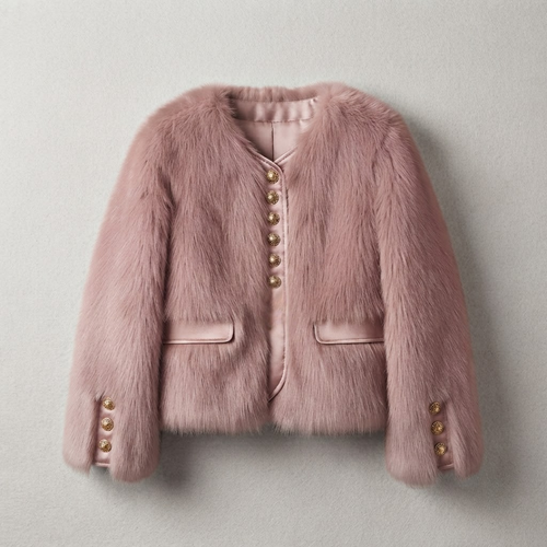 Cropped Faux Fur Jacket from House of Hide in plush blush pink faux fur with vegan leather placket, single row engraved gold button closures, full voluminous sleeves, leather-trimmed pockets, cropped boxy silhouette being displayed as romantic statement piece on neutral background