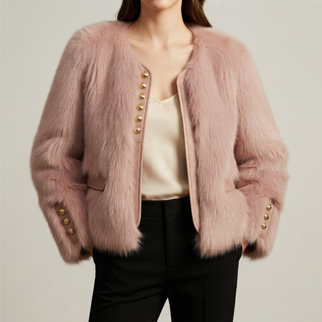 A woman wears Cropped Faux Fur Jacket from House of Hide in plush blush pink faux fur with vegan leather placket details, single row engraved gold button closures, full dramatic sleeves, cropped boxy fit being styled in editorial fashion photography as romantic layering piece