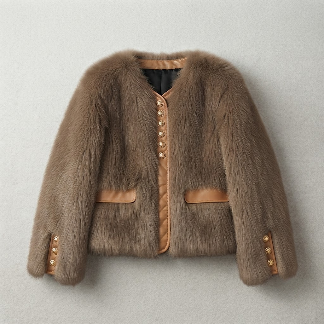 Bailey Jacket from House of Hide in plush camel-toned faux fur with vegan leather placket, engraved gold button closures, full voluminous sleeves, leather-trimmed pockets, cropped boxy silhouette being displayed on neutral background