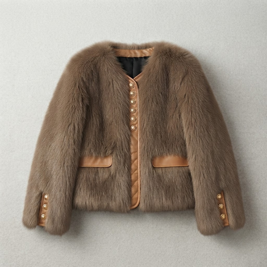 Bailey Jacket from House of Hide in plush camel-toned faux fur with vegan leather placket, engraved gold button closures, full voluminous sleeves, leather-trimmed pockets, cropped boxy silhouette being displayed on neutral background