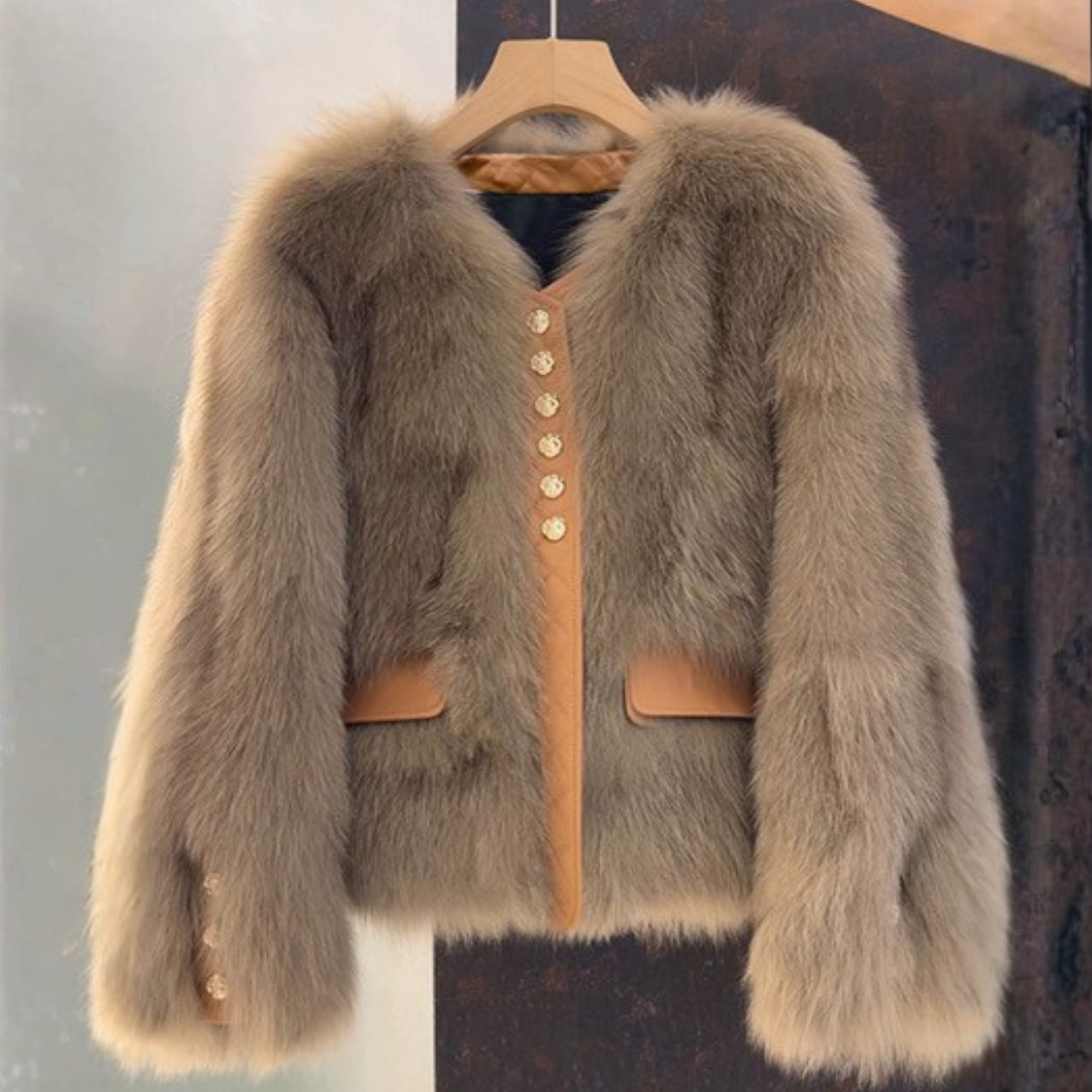 Bailey Jacket from House of Hide in soft camel faux fur with smooth vegan leather trim, gold engraved buttons, fitted cropped length with full sleeves, versatile western-polish style jacket for layering over denim or dress