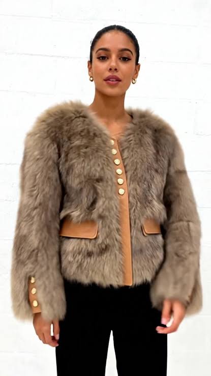 A woman models Bailey Jacket from House of Hide in soft camel faux fur with smooth vegan leather placket, engraved gold closures, full dramatic sleeves, cropped boxy silhouette being worn over dress in lifestyle fashion photography
