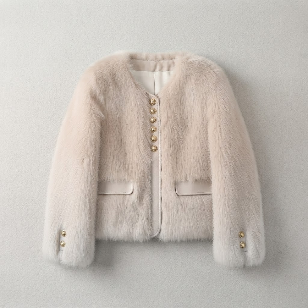 Bailey Jacket from House of Hide in plush cream faux fur with gold-tone decorative button closures on front and cuffs, vegan leather placket and pocket trim, full voluminous sleeves, cropped boxy silhouette being displayed against neutral light gray background
