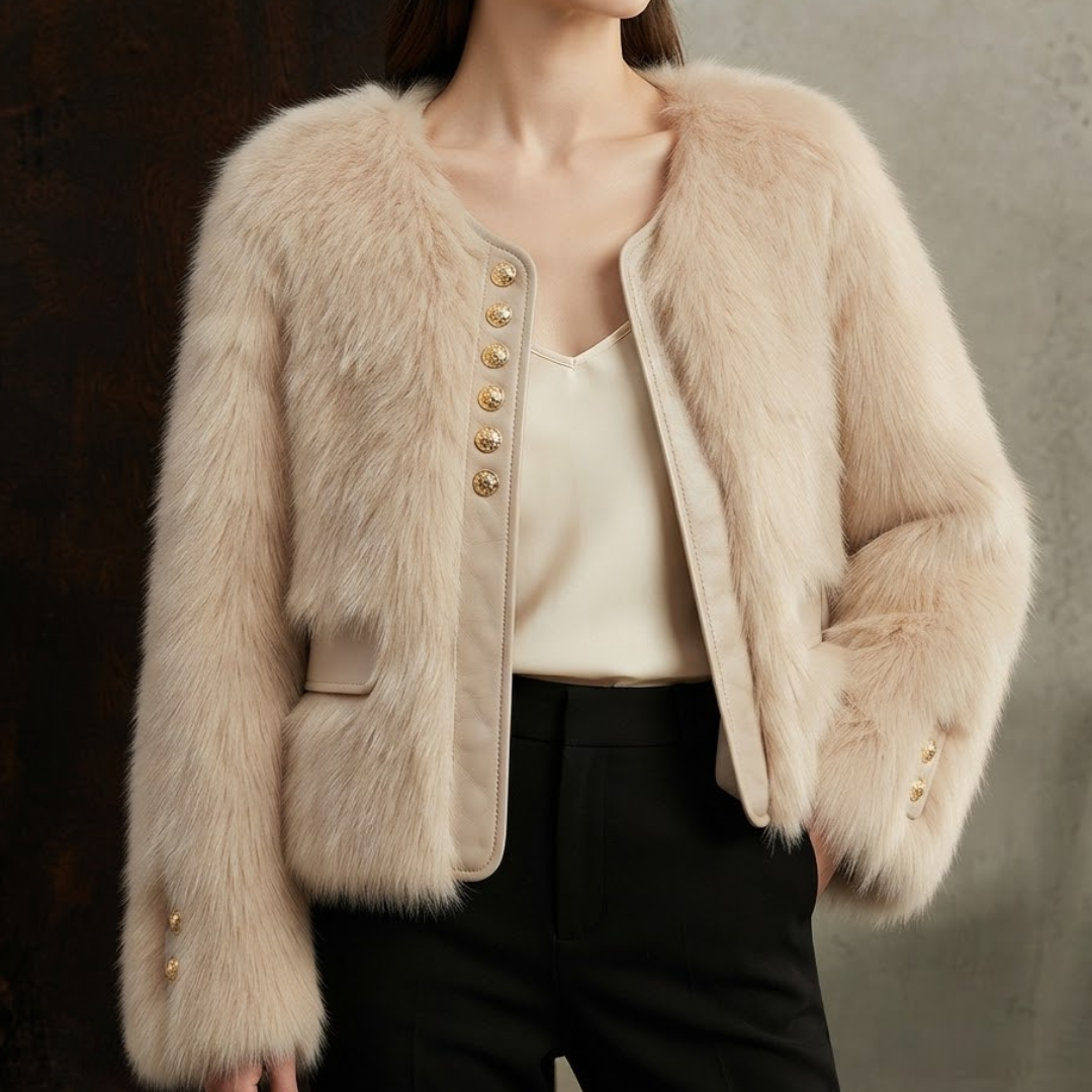Bailey Jacket from House of Hide in plush light beige faux fur with gold-tone decorative button closures on front and cuffs being worn by model paired with cream camisole and black trousers in styled editorial lifestyle shot