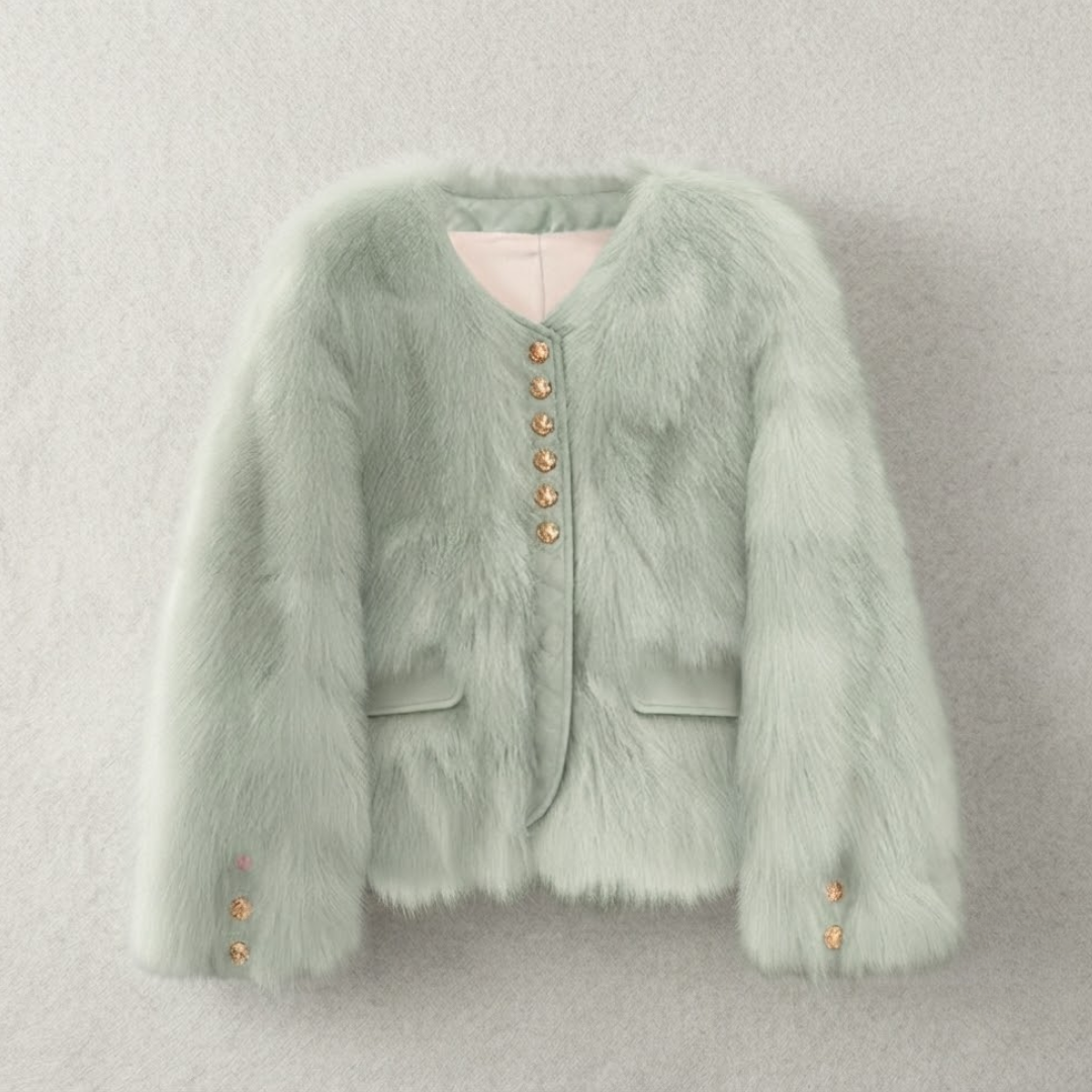 Bailey Jacket from House of Hide in plush sage green faux fur with vegan leather placket, single row engraved gold button closures, full voluminous sleeves, leather-trimmed pockets, cropped boxy silhouette being displayed as understated fresh statement piece on neutral background