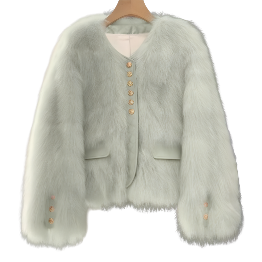 Bailey Jacket from House of Hide in soft sage green plush faux fur featuring vegan leather placket and pocket trim, gold engraved button hardware, dramatic voluminous sleeves, cropped silhouette being displayed as fresh understated layering piece on styled backdrop