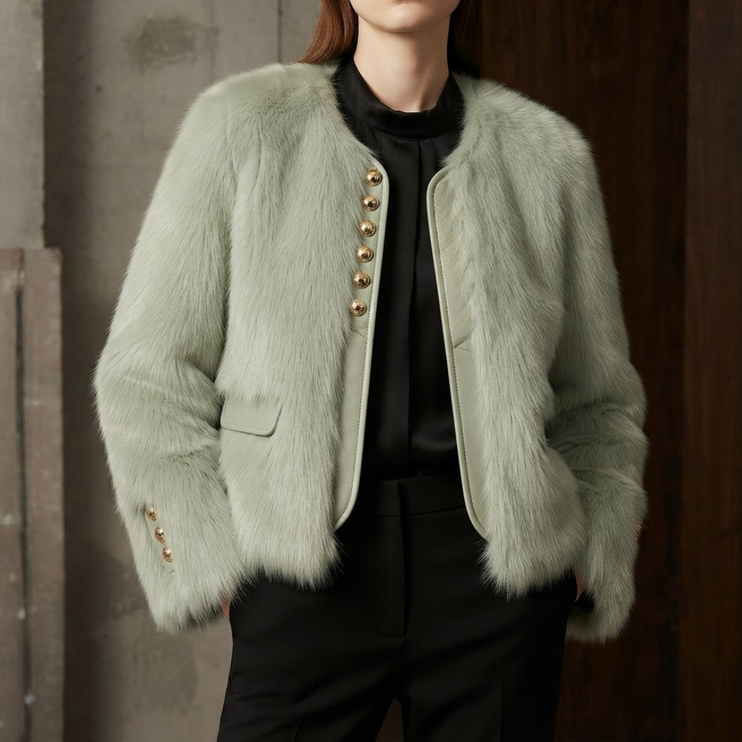 A woman wears Bailey Jacket from House of Hide in plush sage green faux fur with vegan leather placket details, single row engraved gold button closures, full dramatic sleeves, cropped boxy fit being styled in editorial fashion photography as versatile quiet standout piece