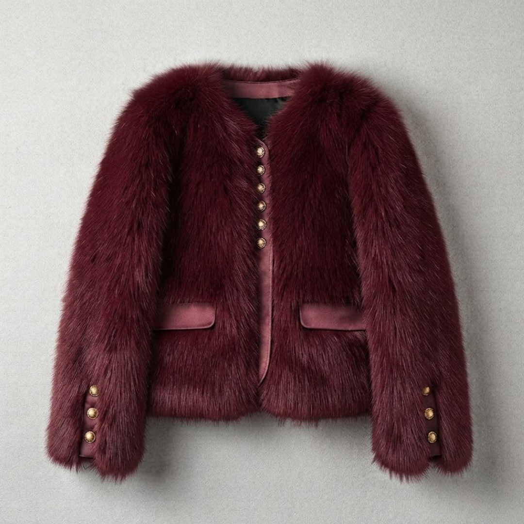 Bailey Jacket from House of Hide in plush wine-toned faux fur with vegan leather placket, single row engraved gold button closures, full voluminous sleeves, leather-trimmed pockets, cropped boxy silhouette being displayed as bold statement piece on neutral background