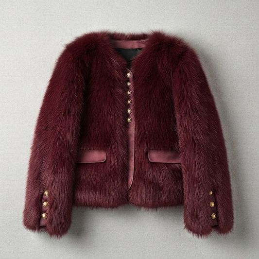 Bailey Jacket from House of Hide in plush wine-toned faux fur with vegan leather placket, single row engraved gold button closures, full voluminous sleeves, leather-trimmed pockets, cropped boxy silhouette being displayed as bold statement piece on neutral background
