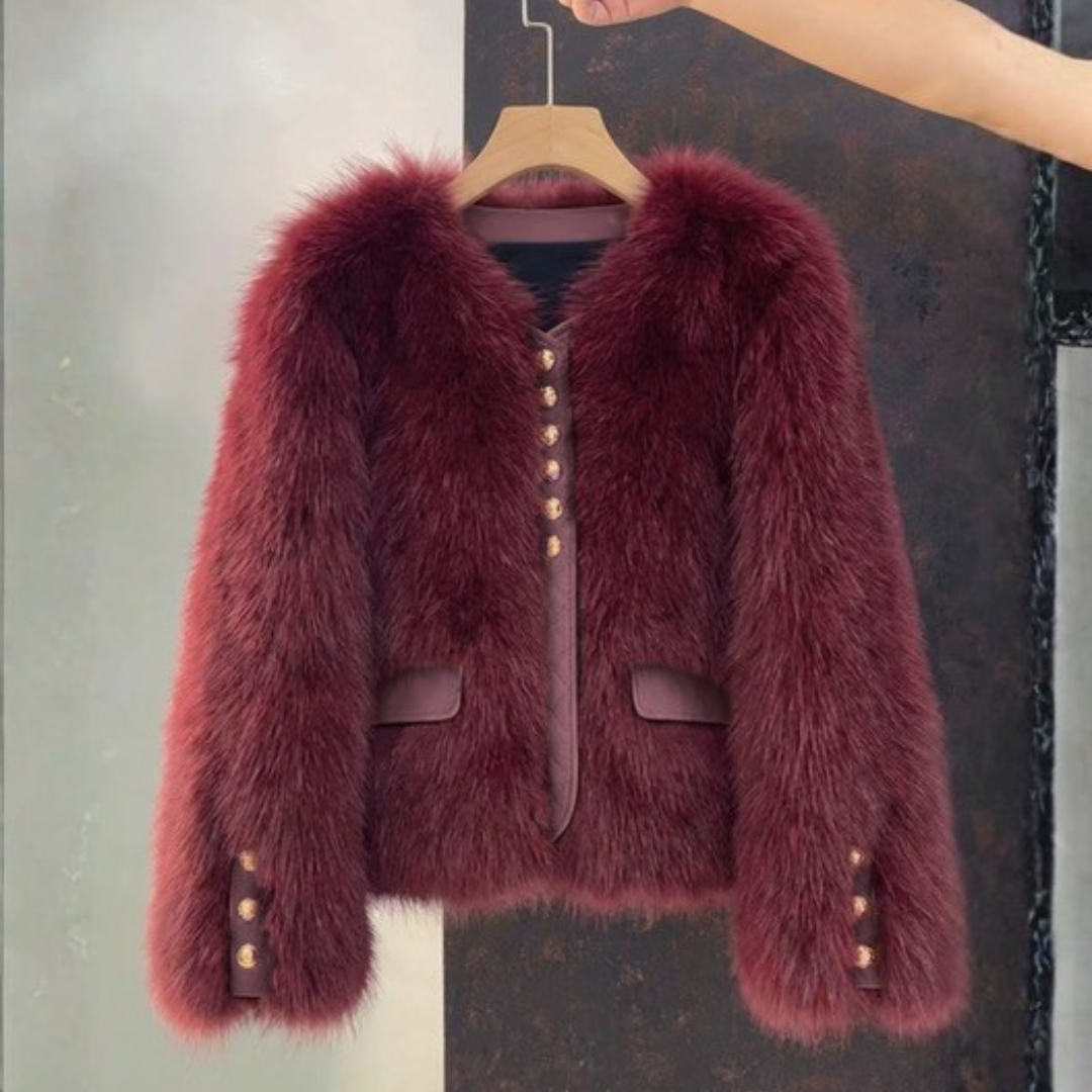 Bailey Jacket from House of Hide in rich deep wine faux fur with smooth vegan leather trim, engraved gold buttons, fitted cropped length with full sleeves, bold polish statement jacket designed for layering over simple outfits during cooler days