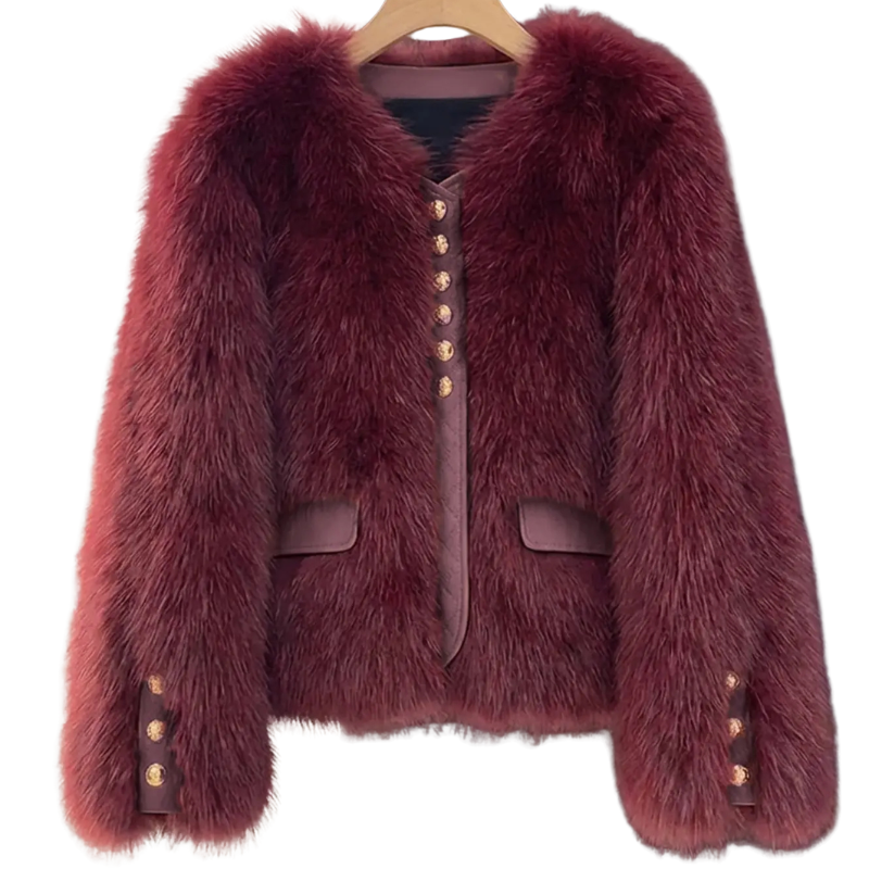 Bailey Jacket from House of Hide in luxe wine-toned plush faux fur featuring vegan leather placket and pocket trim, gold engraved button hardware, dramatic voluminous sleeves, cropped silhouette being displayed as refined cooler-weather layering piece on styled backdrop