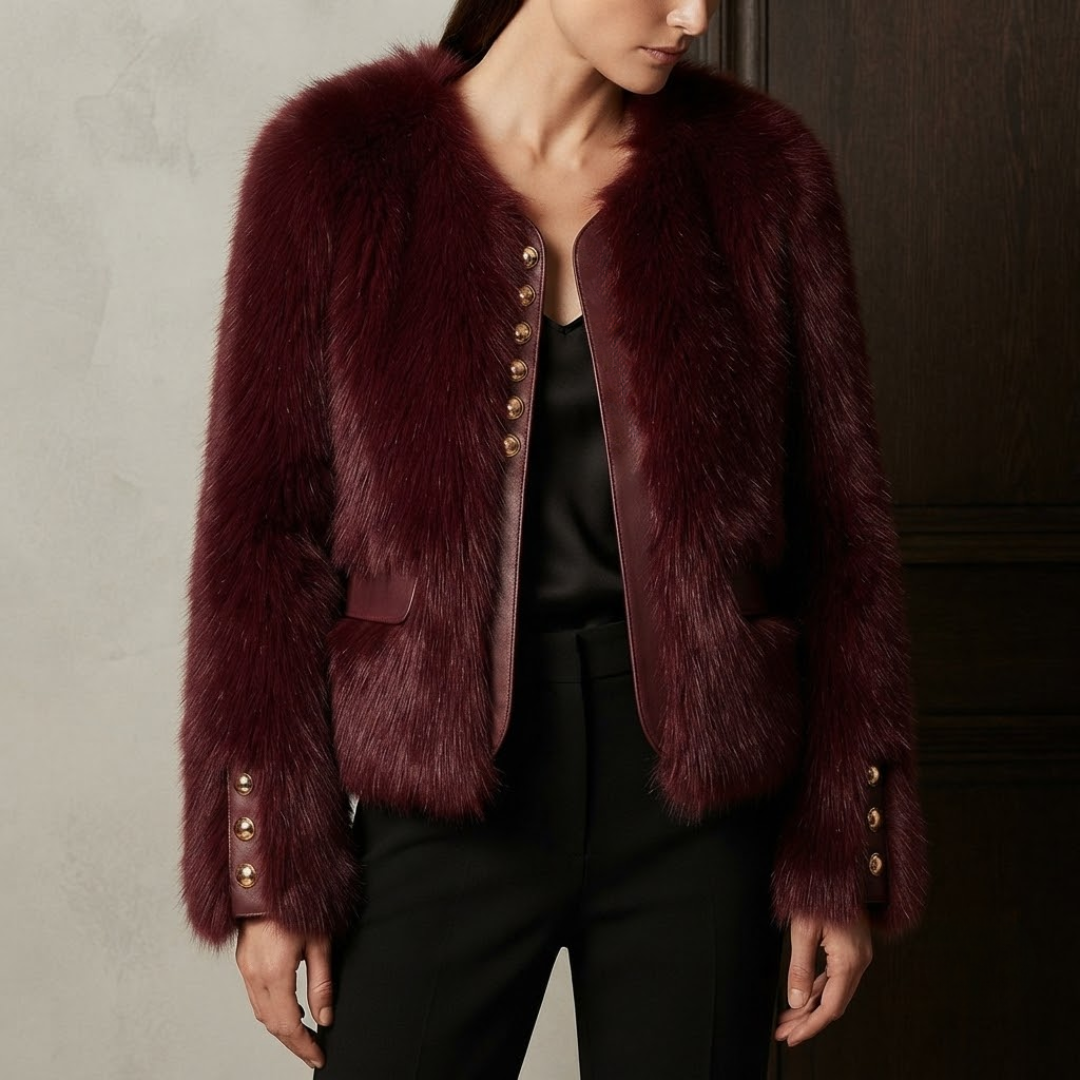 A woman wears Bailey Jacket from House of Hide in plush wine faux fur with vegan leather placket details, single row engraved gold button closures, full dramatic sleeves, cropped boxy fit being styled over simple outfit as bold statement piece in editorial fashion photography