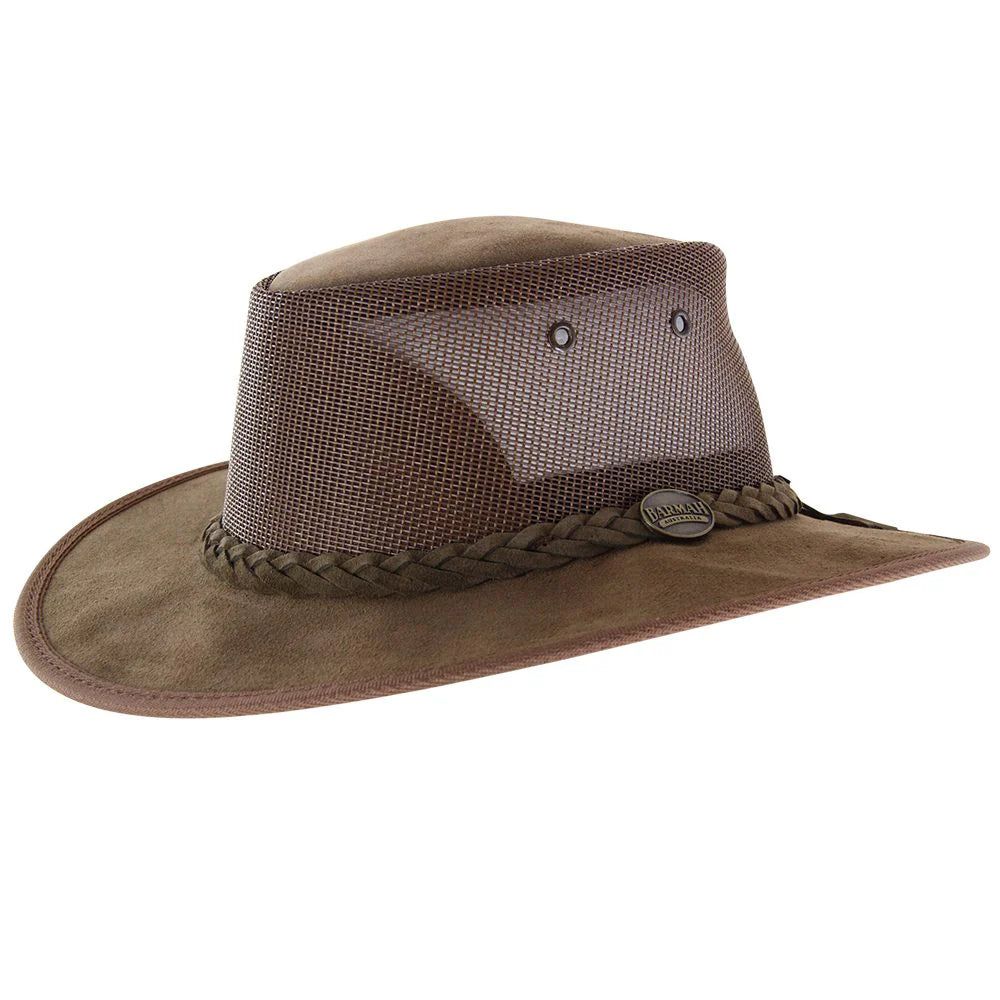 Barmah 1064 Foldaway Oiled Cooler Hat Brown. Barmah Bronco Cooler Hat with Mesh Panels – Durable Suede Leather, Wide Brim, Sun Protection, and Showerproof for All-Day Comfort Outdoors