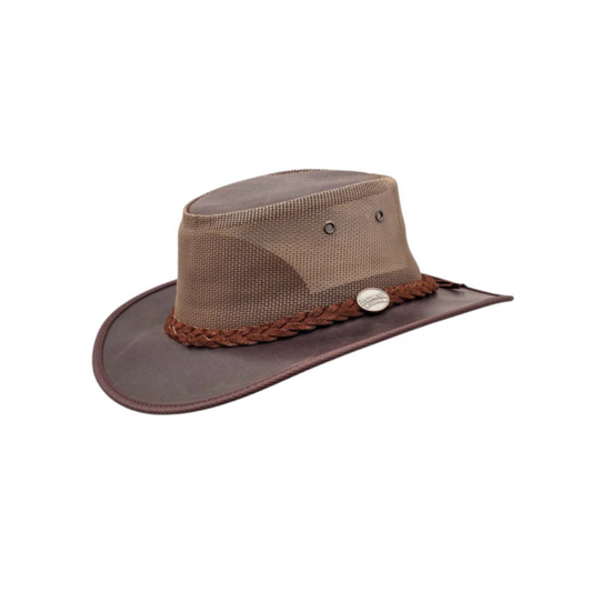Barmah 1064 Foldaway Oiled Cooler Hat heading image Barmah 1064 Foldaway Bronco Cooler Hat – Cattle Suede Leather, Mesh Crown, UPF 50+ Sun Protection, Lightweight, Australian Made Outback Hat