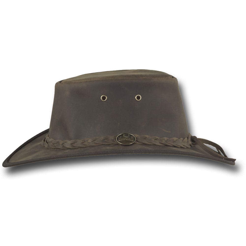 Close-up of Barmah Foldaway Bronco Hat in dark brown full-grain leather with oiled, vintage finish – highlighting the unique, rugged texture of the leather and weather-resistant qualities.