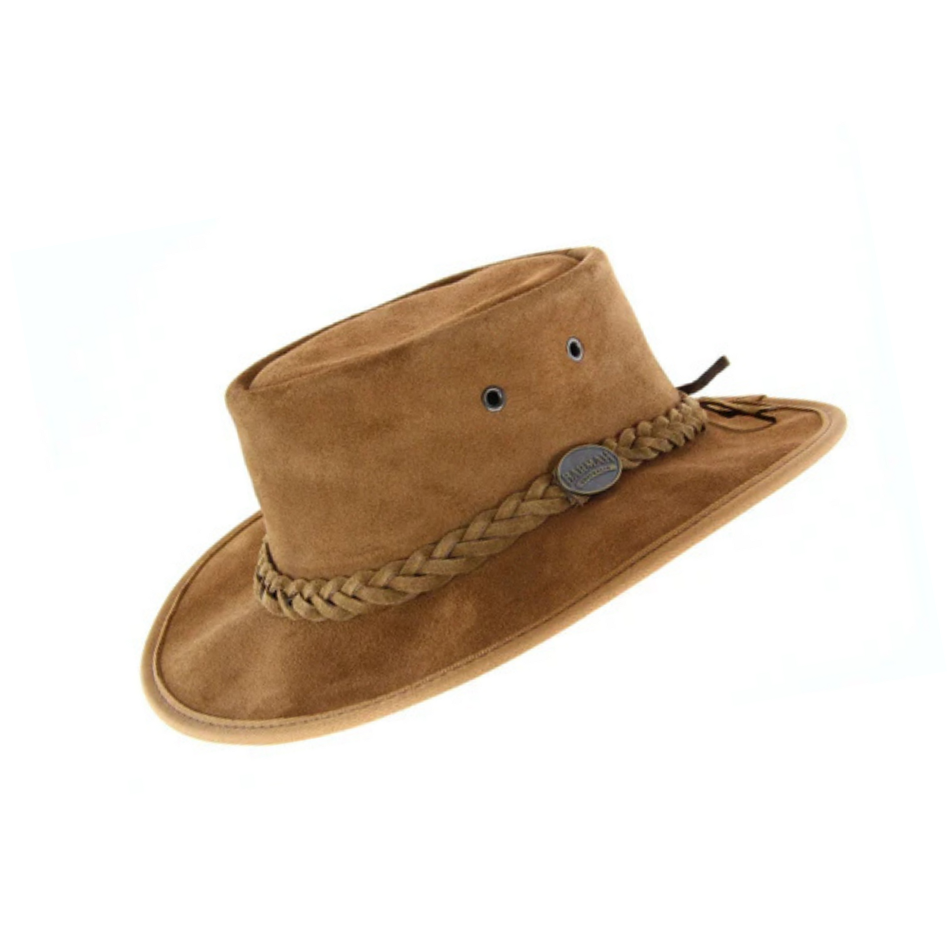 Barmah Kidz Lidz brown suede leather hat with elastic band and braided trim – Australian outback style