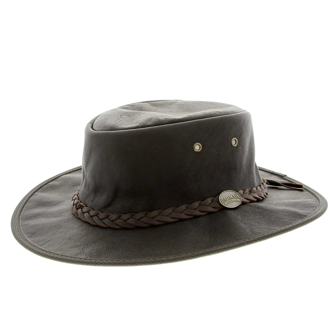 Close-up of the Barmah Sundowner Kangaroo Leather Hat in Dark Brown, showcasing the unique worn-brown color and natural imperfections of the premium kangaroo leather.