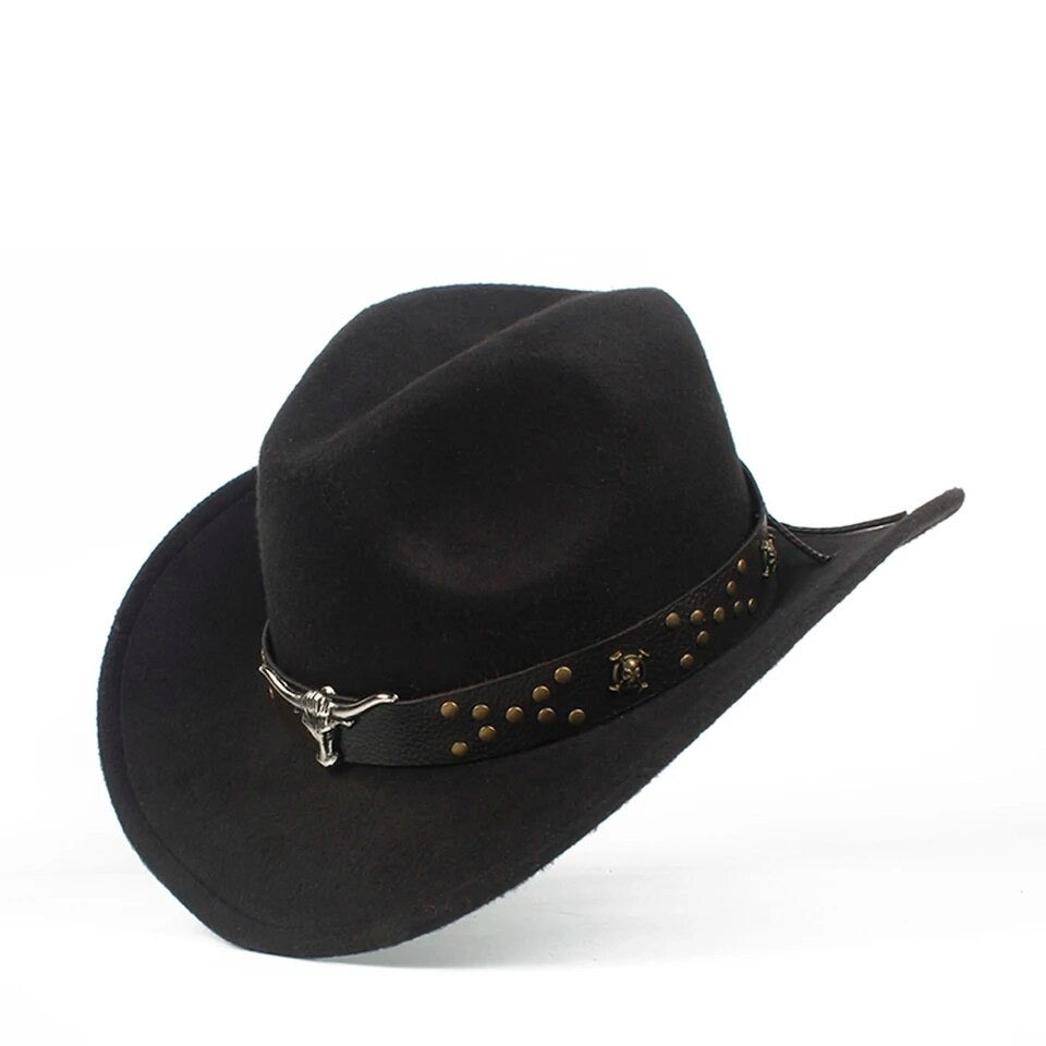 Dakota Rancher Youth 100% Wool Hat displayed on a flat surface, showcasing its classic cowboy style and boho elegance with a black Outback Fedora shape