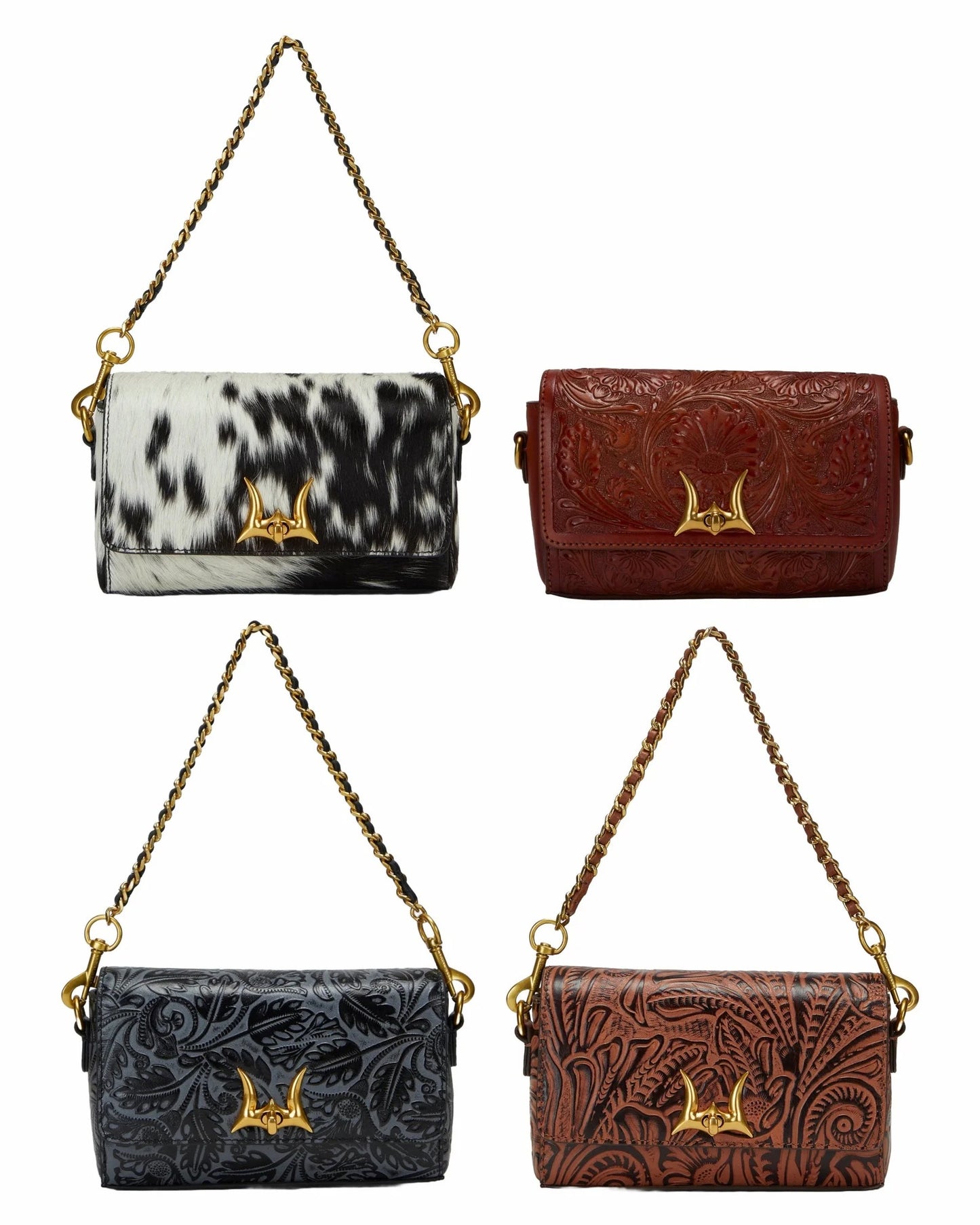 Four small crossbody handbags arranged in a 2x2 grid on a white background, each with a gold-tone chain strap and a front clasp. The top-left bag is black and white cow-print, the top-right is reddish brown embossed leather, the bottom-left is dark gray embossed leather, and the bottom-right is medium brown embossed leather.