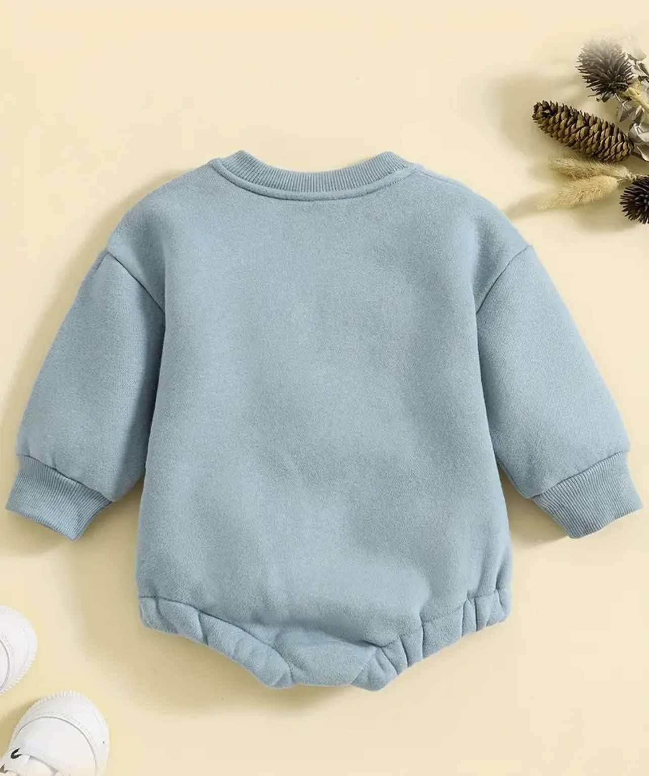 Blue ‘Little Dude’ rompers with cozy fleece lining, available in sizes 0-3 to 18-24 months