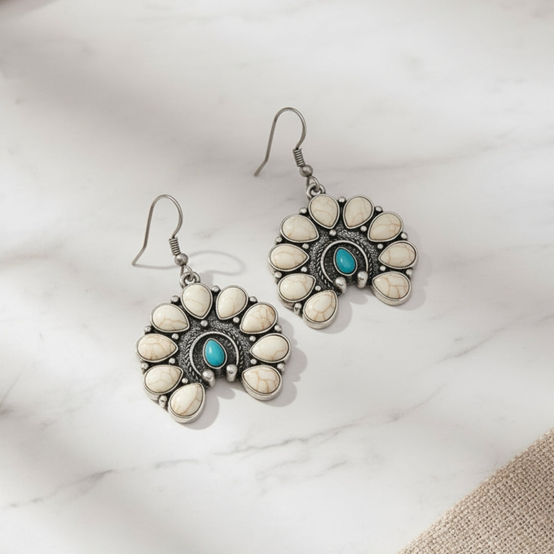 Bohemian Blooming Earrings Perth Australia Houseofhide photographed in soft light revealing turquoise and silver texture.