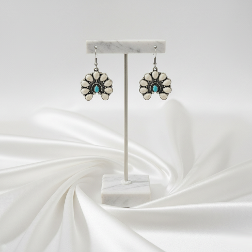 Close-up of Bohemian Blooming Earrings Perth Australia Houseofhide showing petal-shaped stones and intricate design.