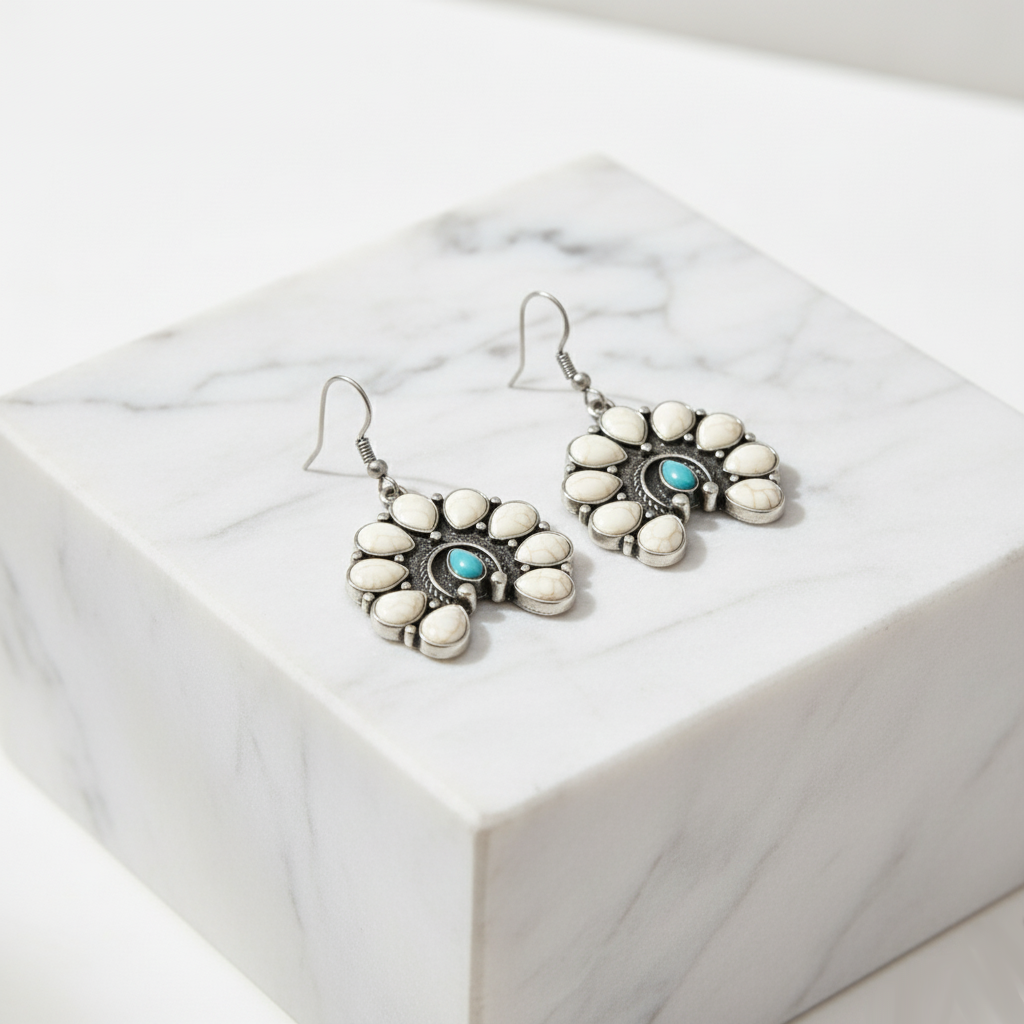 Elegant Bohemian Blooming Earrings Perth Australia Houseofhide displayed on neutral background highlighting crescent motif.