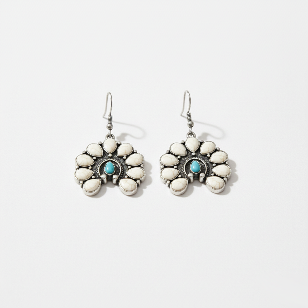 Bohemian Blooming Earrings Perth Australia Houseofhide featuring turquoise stones and antique silver floral detailing.