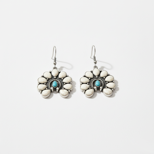 Bohemian Blooming Earrings Perth Australia Houseofhide featuring turquoise stones and antique silver floral detailing.