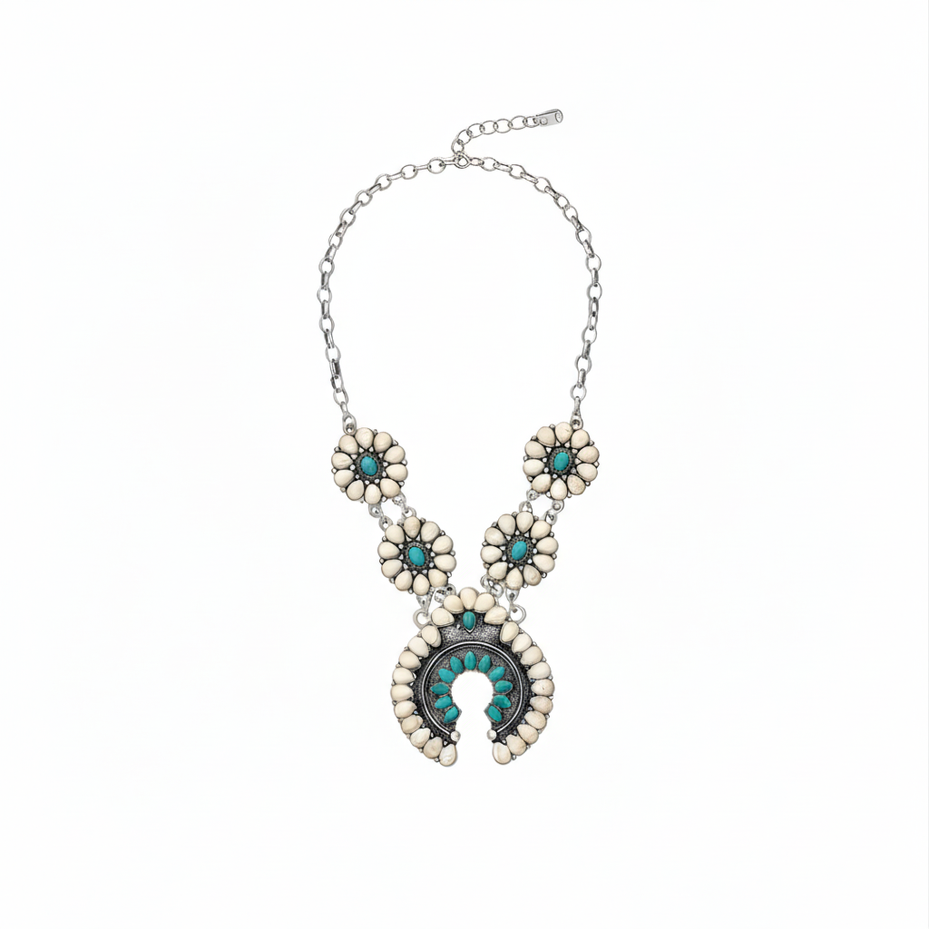 Bohemian Blooming Necklace Perth Australia Houseofhide featuring turquoise stones and antique silver floral detailing.