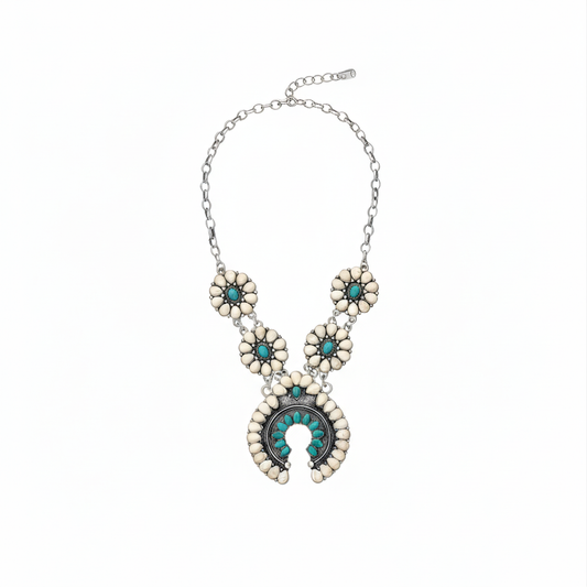 Bohemian Blooming Necklace Perth Australia Houseofhide featuring turquoise stones and antique silver floral detailing.