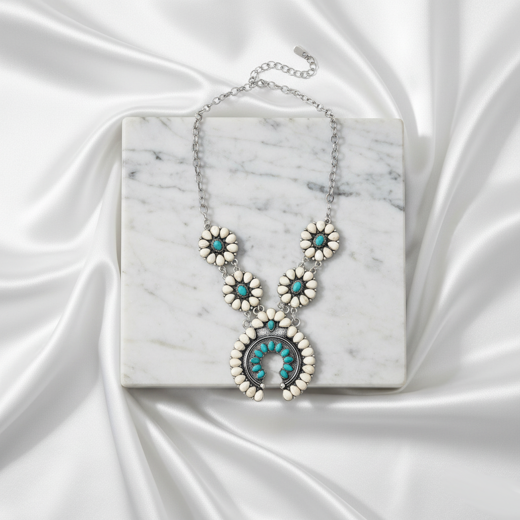 Elegant Bohemian Blooming Necklace Perth Australia Houseofhide displayed on neutral background showing crescent pendant.