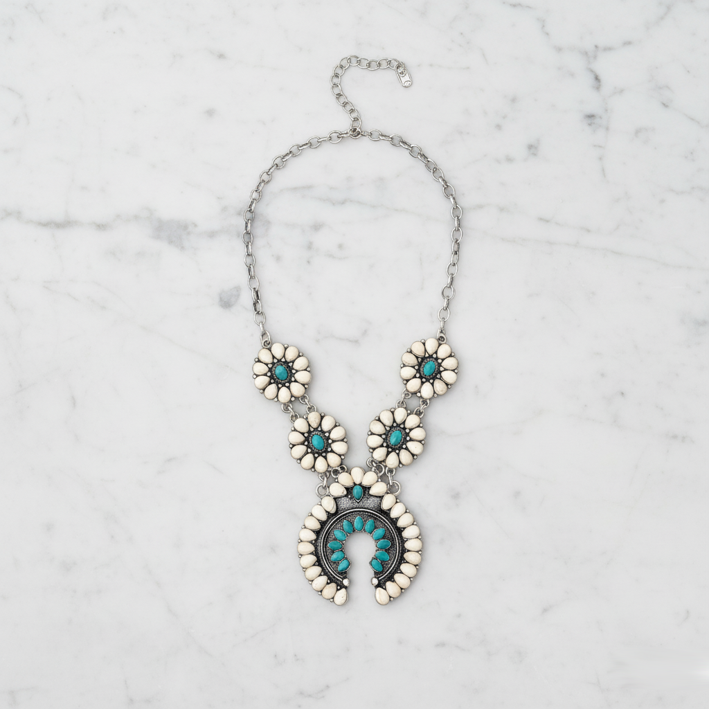 Close-up of Bohemian Blooming Necklace Perth Australia Houseofhide highlighting petal-shaped stones and celestial design.