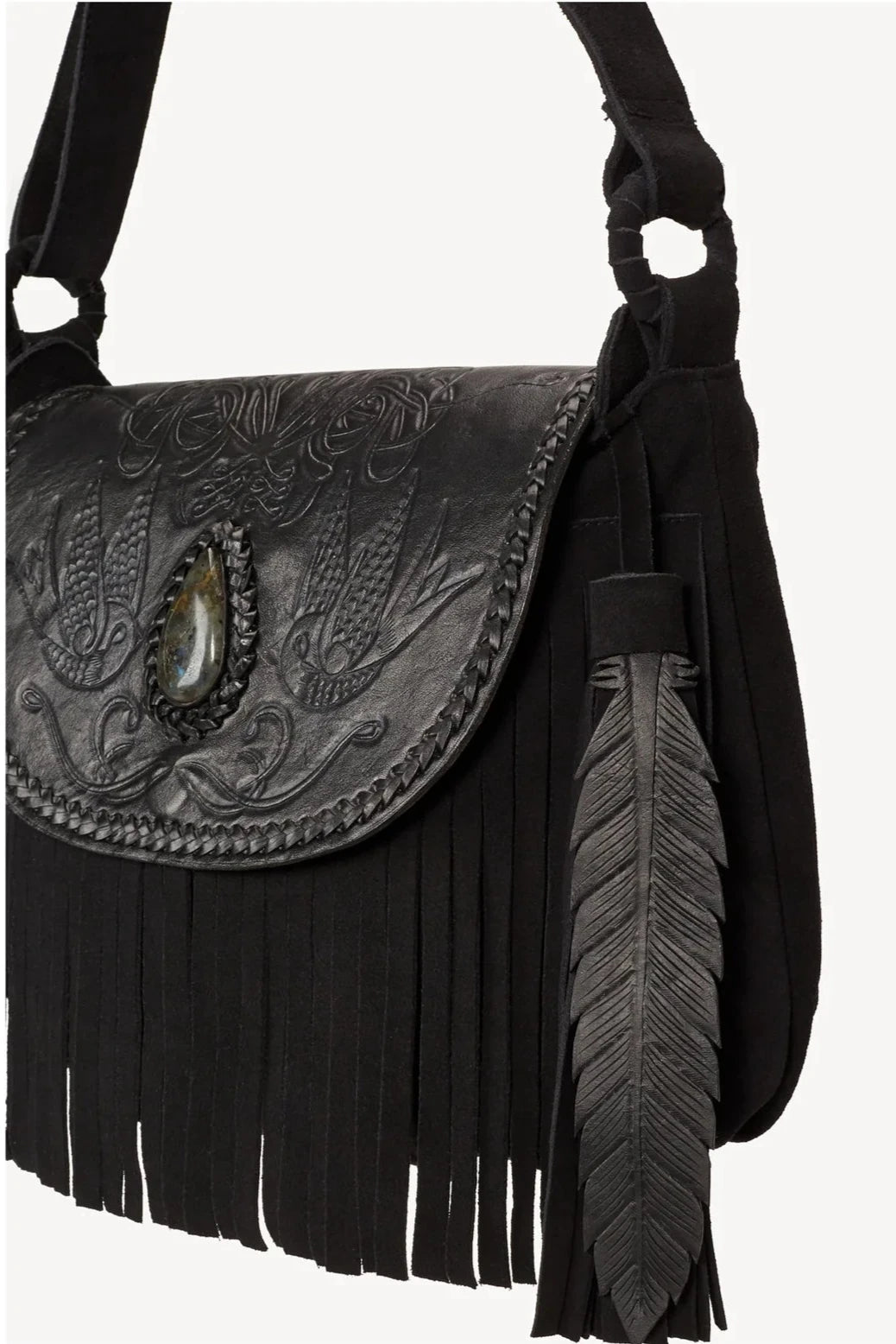 Boho Chic Black Embellished Fringe Leather Crossbody Bag | Handmade Bohemian Handbag with Labradorite Stone & Adjustable Strap