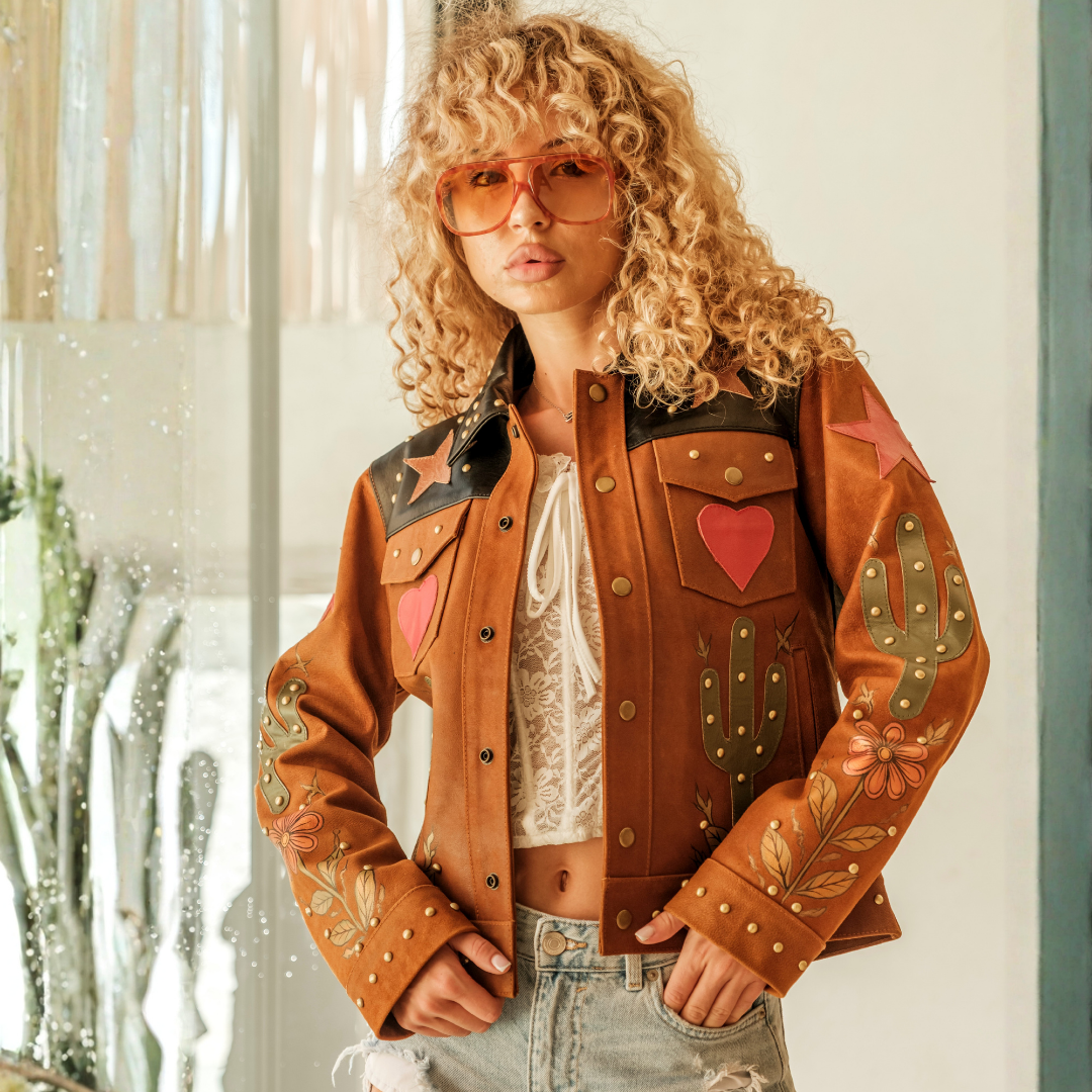 Boho Western leather biker jacket with colourful heartburst artwork on the back