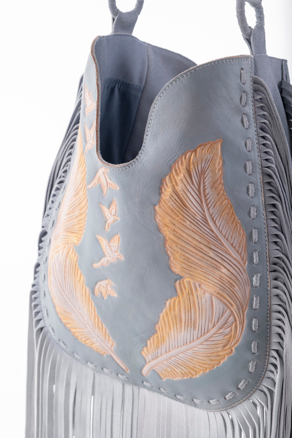 Boho blue leather handbag with fringe and hand-painted detail