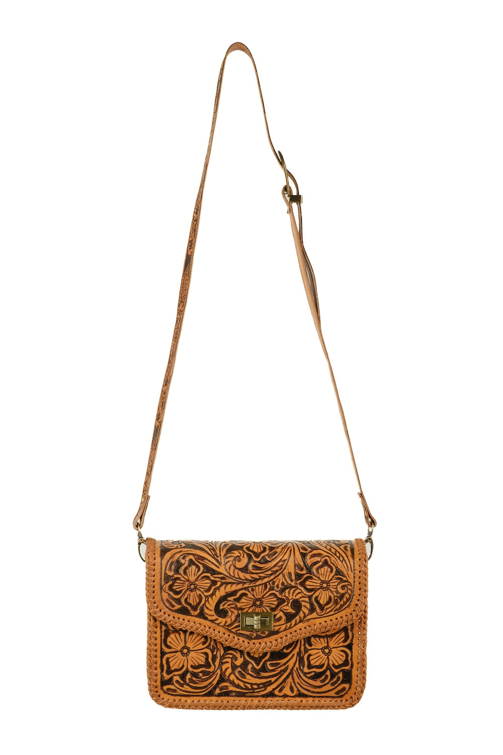 Rust-toned leather crossbody clutch with woven edge for events