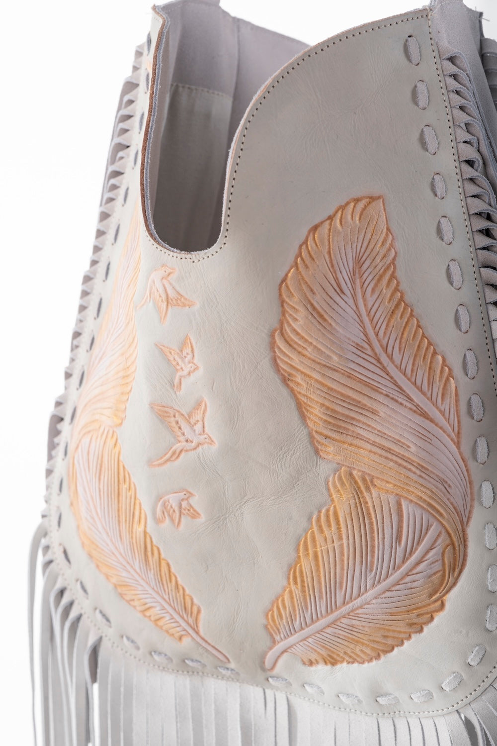 Boho leather handbag with fringe and hand-painted detail