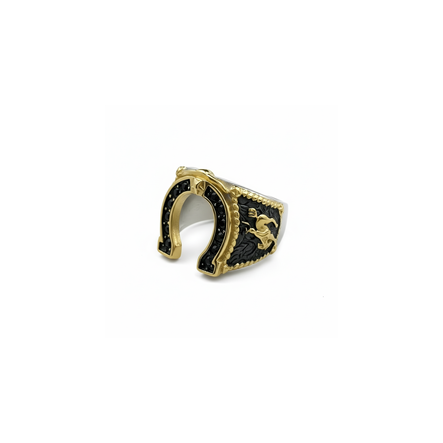 Bold Luck Ring Perth Australia Houseofhide featuring a gold horseshoe design encrusted with black engravings