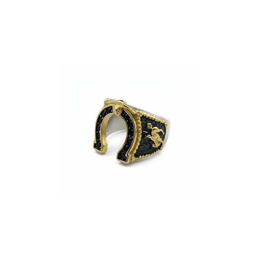 Bold Luck Ring Perth Australia Houseofhide featuring a gold horseshoe design encrusted with black engravings