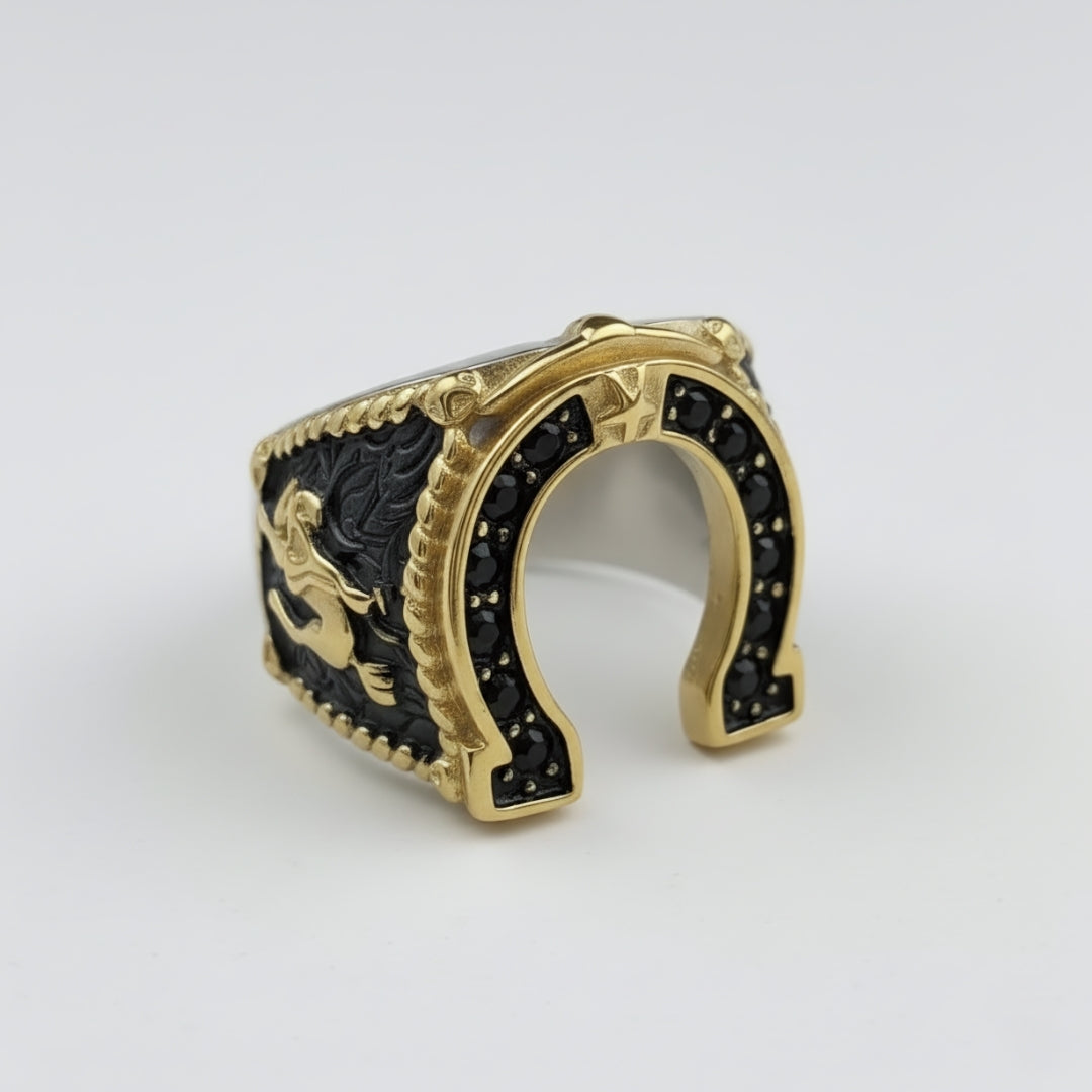 Close-up of Bold Luck Ring Perth Australia Houseofhide highlighting vintage-inspired horseshoe motif.