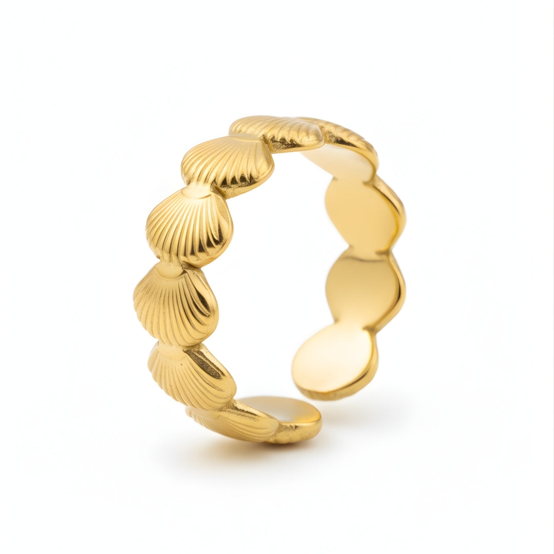Byron Shell Band Perth Australia Houseofhide featuring polished gold-plated stainless steel with intricate ocean-inspired seashell detailing.