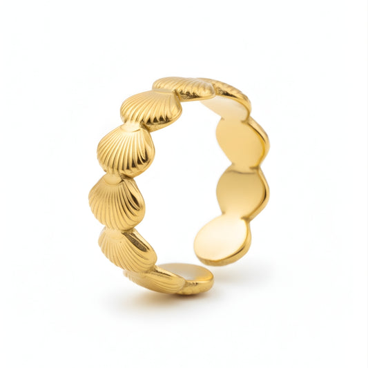 Byron Shell Band Perth Australia Houseofhide featuring polished gold-plated stainless steel with intricate ocean-inspired seashell detailing.