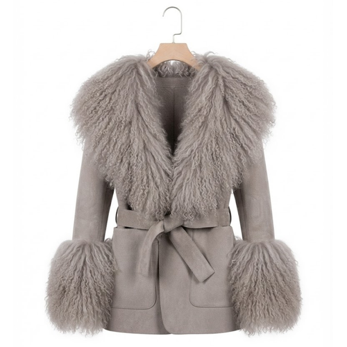 Cashmere Jacket from House of Hide in soft grey wool and cashmere blend with detachable Mongolian sheep fur collar and cuffs, adjustable tie belt for tailored silhouette, patch pockets, long loose trench silhouette being displayed on neutral background