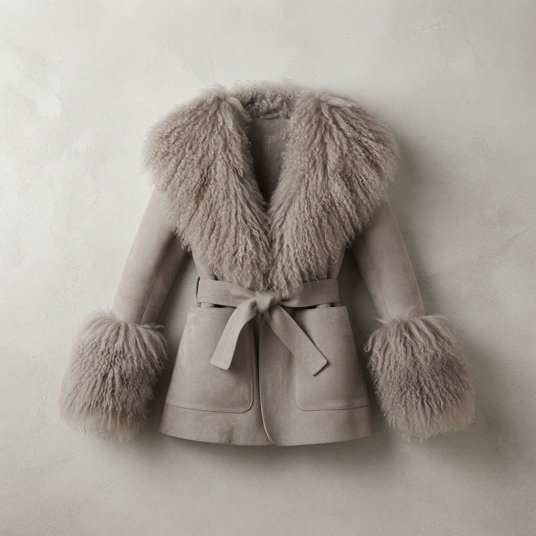 Cashmere Jacket from House of Hide in soft neutral grey wool cashmere blend with luxe detachable Mongolian sheep fur trim at collar and cuffs, cinching tie belt, patch pockets, long tailored silhouette designed to pair easily with any wardrobe