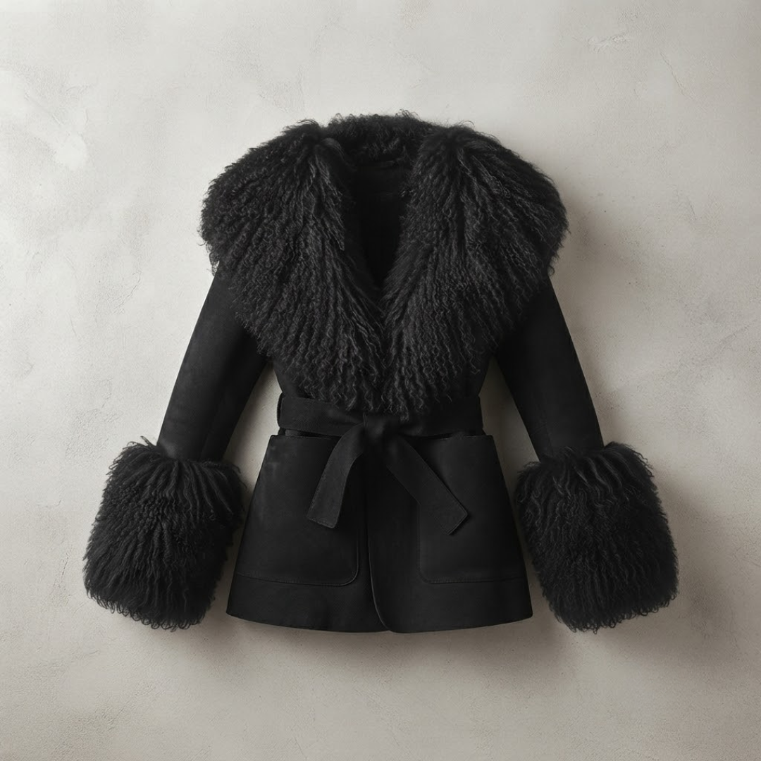 Cashmere Jacket from House of Hide in rich midnight wool cashmere blend with luxe detachable Mongolian sheep fur trim at collar and cuffs, cinching tie belt, patch pockets, long tailored silhouette designed for effortlessly elegant styling on dressy or casual occasions