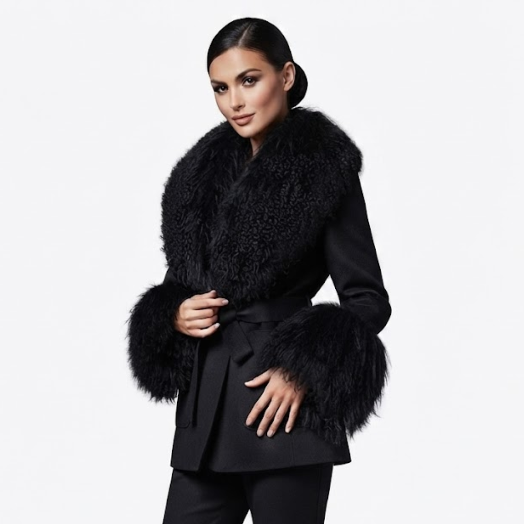 A woman wears Cashmere Jacket from House of Hide in midnight black wool and cashmere blend with detachable Mongolian sheep fur collar and cuffs, adjustable tie belt creating tailored shape, patch pockets, long loose trench silhouette being styled in editorial fashion photography as effortlessly elegant layering piece