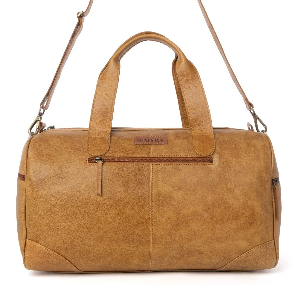 House of Hide premium genuine leather brown duffel bag featuring the House of Hide logo on a white background
